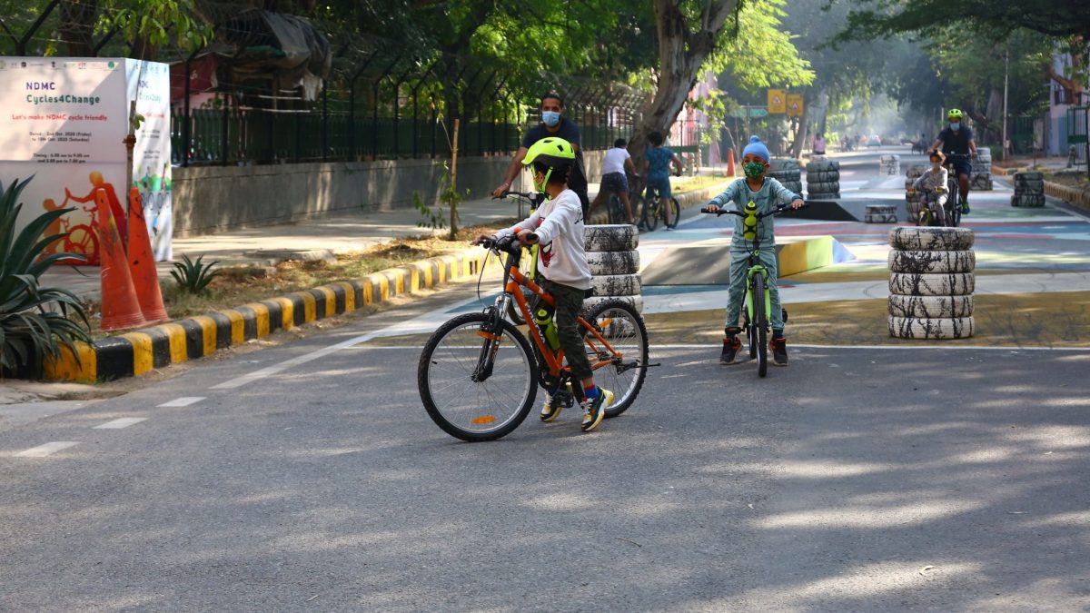 Children cycling at the pop-up cycle plaza at Lodhi garden