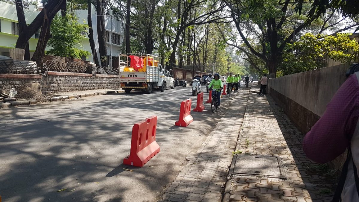 Pop-up cycle lane with road barriers were tested on Trimbak road for the neighbourhood intervention