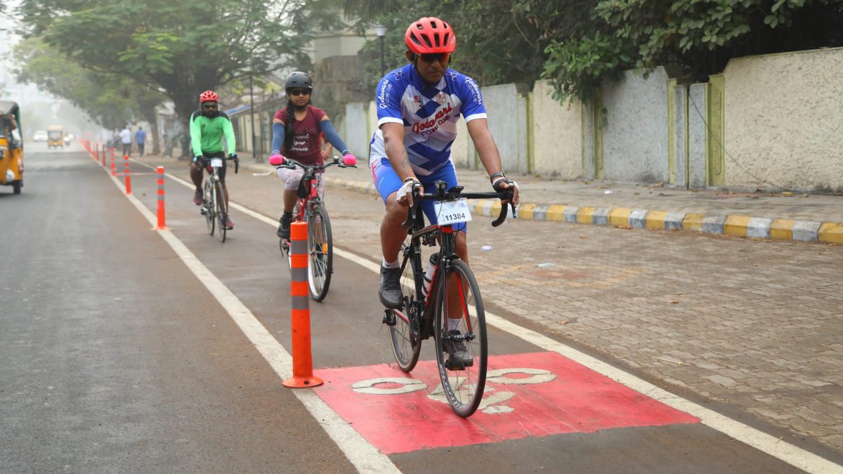Traffic cones and road barriers were used to segregate the cycle lane from motor vehicle traffic