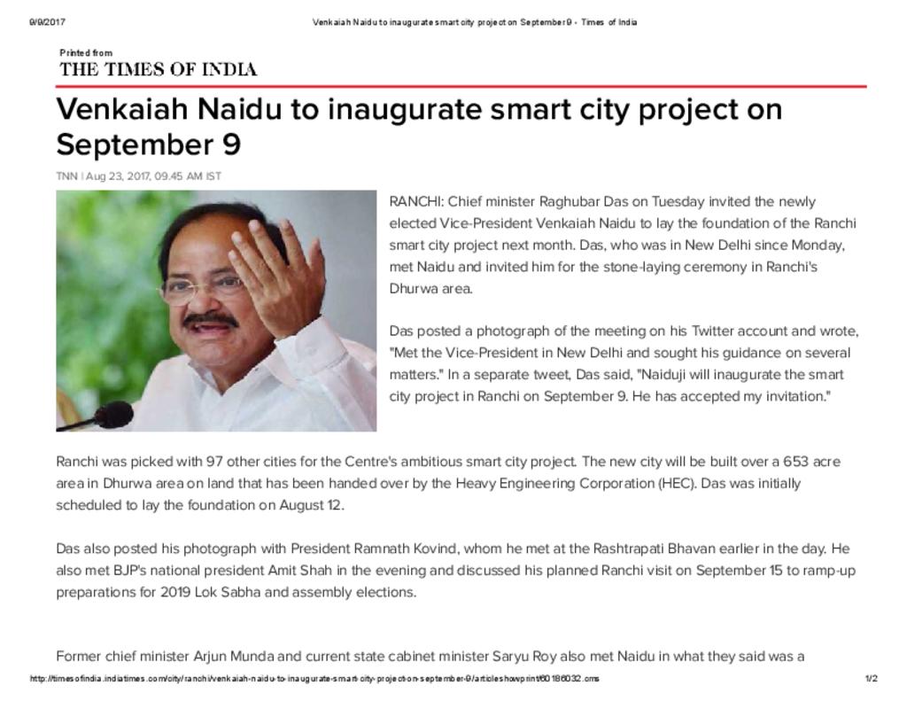 Venkaiah Naidu to inaugurate Smart City Projects at Ranchi