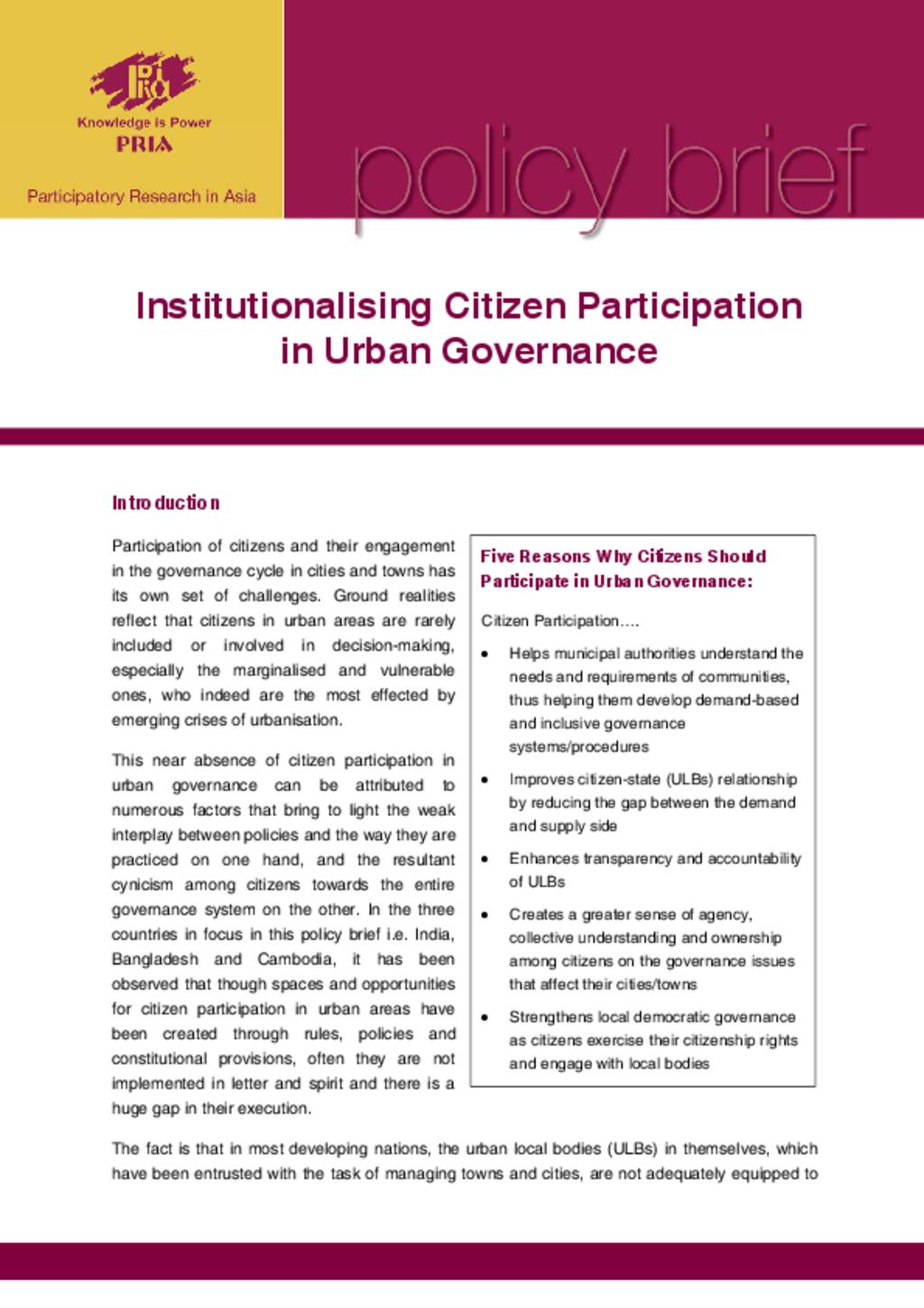 Institutionalising Citizen's Participation in Urban Governance