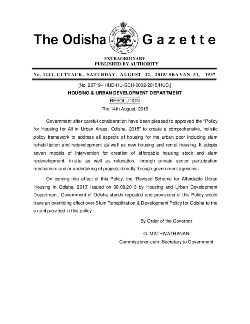 Policy for Housing for All in Urban Areas Odisha