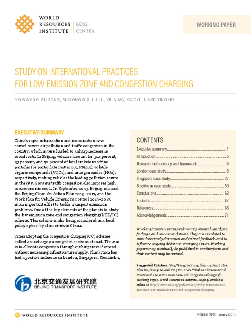 Study on International Practices for Low Emission Zone and Congestion Charging