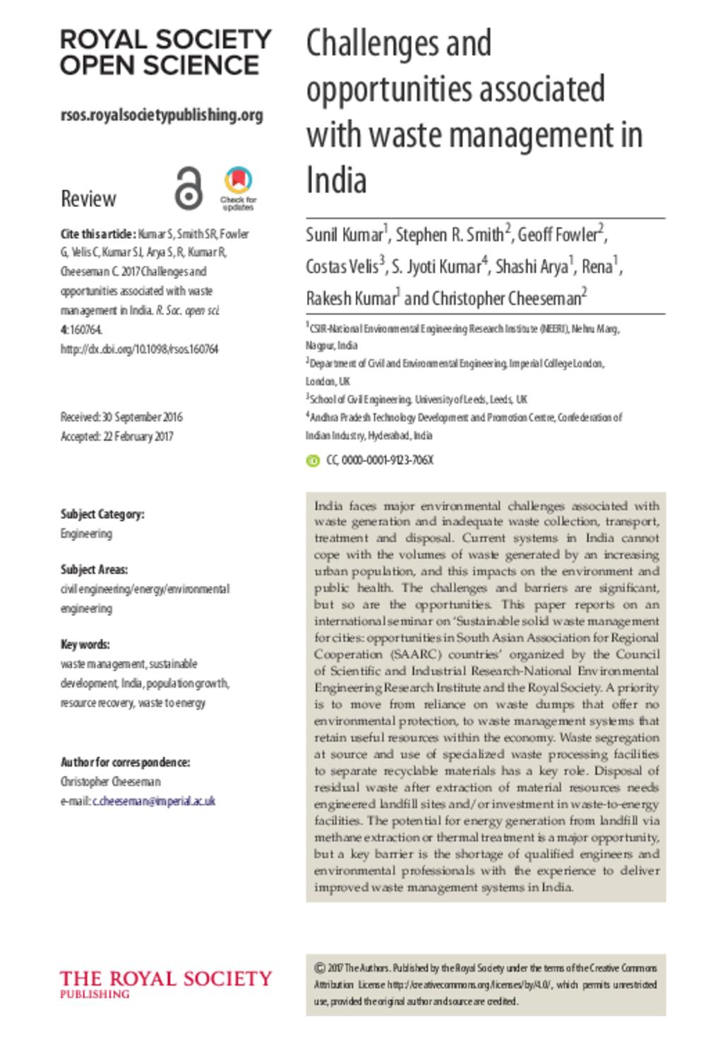 Challenges and opportunities associated with waste management in India