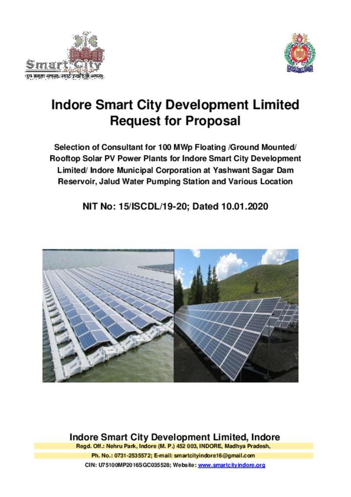 RFP for Selection of Consultant for 100 MWp Floating /Ground Mounted/ Rooftop Solar PV Power Plants for ISCDL