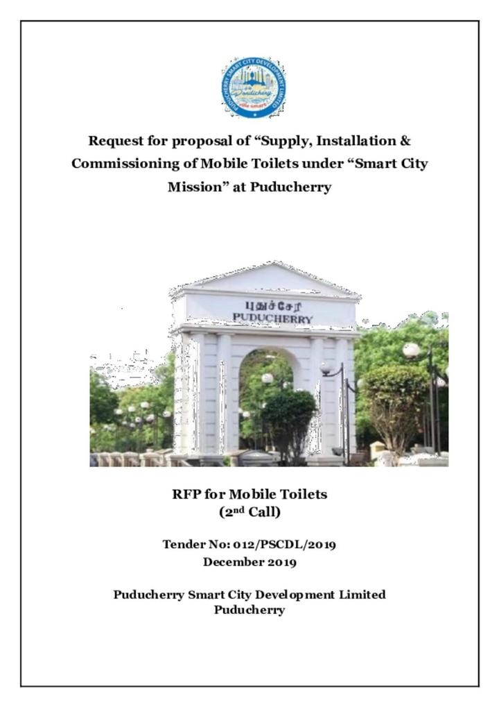 RFP for Supply, Installation & Commissioning of Mobile Toilets under “Smart City Mission” at Puducherry