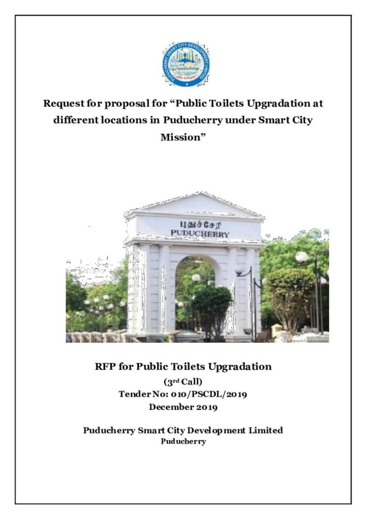 RFP for Public Toilets Upgradation at different locations in Puducherry under Smart City Mission