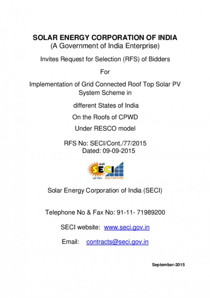 RFS of Bidders For Implementation of Grid Connected Roof Top Solar PV System Scheme in different States 