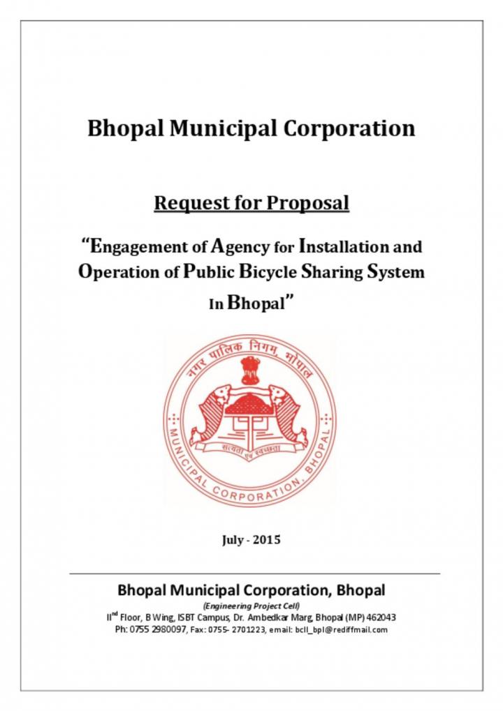 RFP for Engagement of Agency for Public Bicycle Sharing System In Bhopal